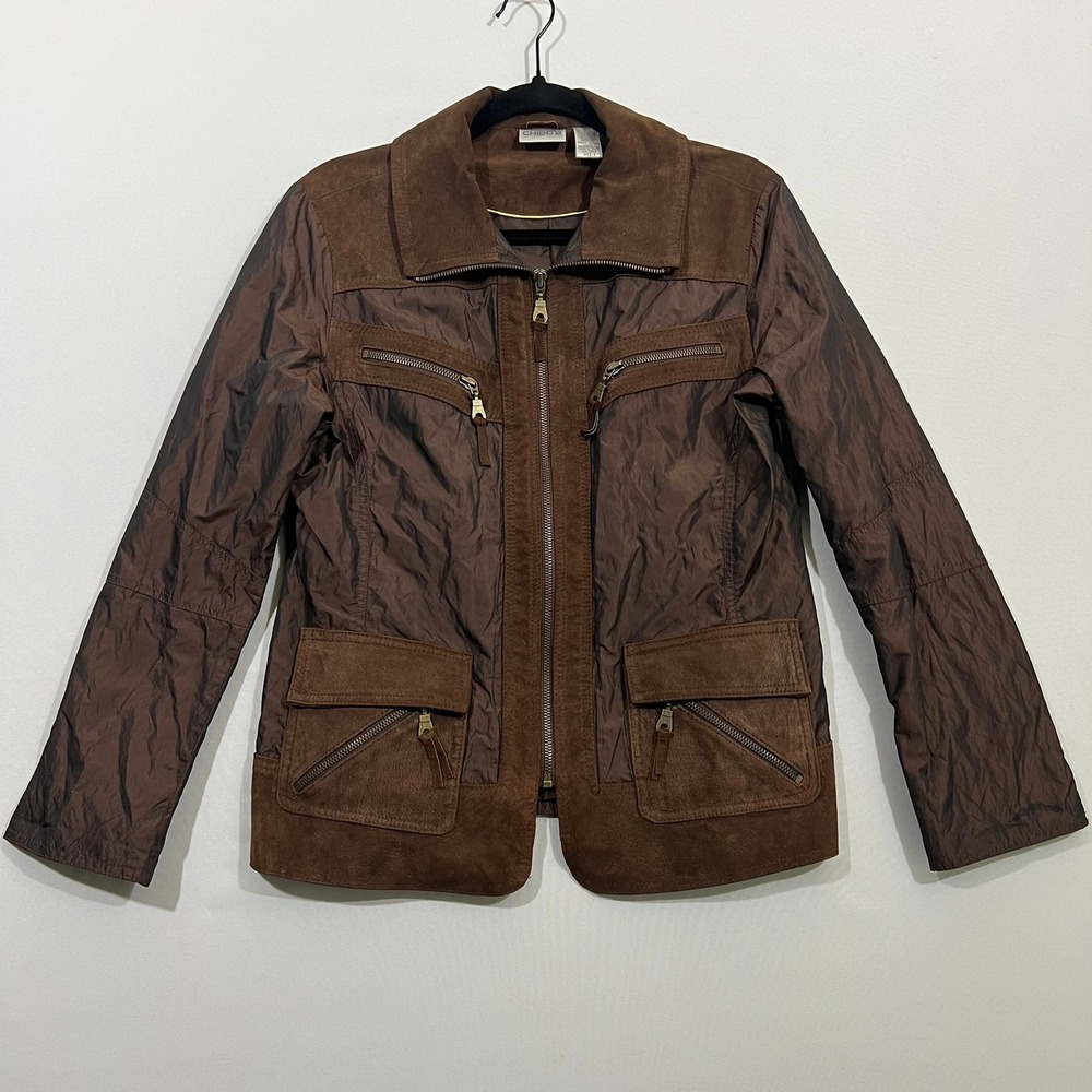 Chico's Jacket Womens Size 1 Medium Brown Suede Genuine Leather Trim Zip Utility